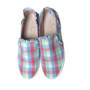 Kate Spade New York Plaid Ruffle Slip On Sneakers Shoes Women Size 9.5